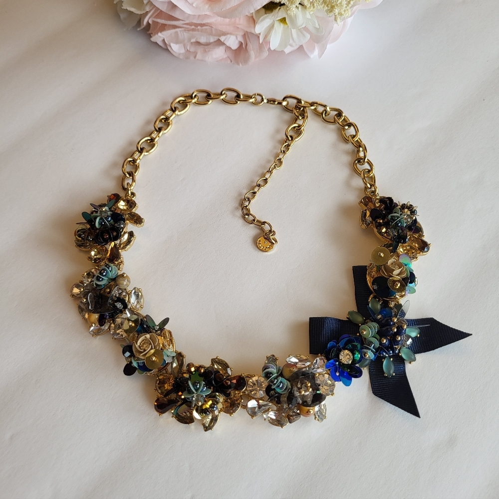 Talbots Statement Necklace Embellished Crystal Blue Ribbon Goldtone Jewelry 20"